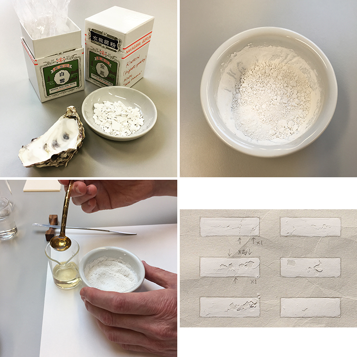 Conservation: Japanese picture book Four images showing the preparation of gofun: white shards are ground in to make white dust, liquid is added with a small gold ladle; six swatches - each a white rectangle - on a piece of paper testing the mixture