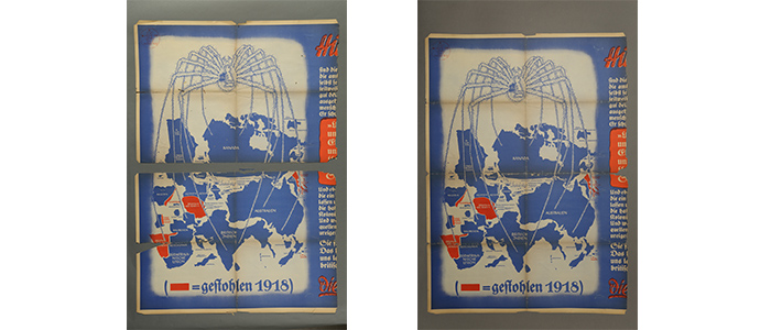 Eagle 1939 33 A photograph of a blue poster - it depicts a giant spider over a map of the world. The left image shows the poster in two halves, the right image shows the poster restored to one object